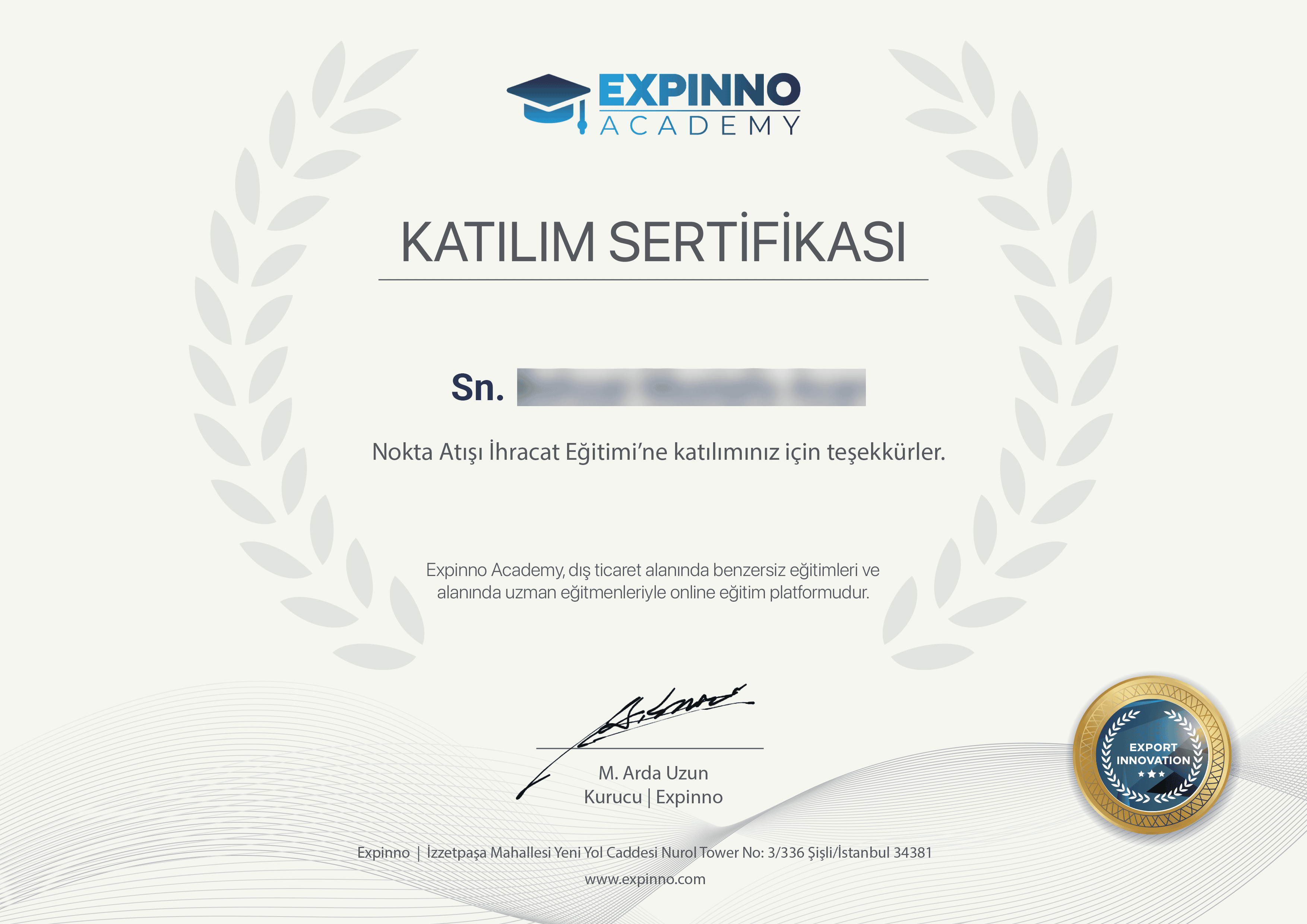 expinno sertifika katılım belgesi