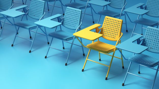 3d render yellow student chair outstanding blue student chairs background